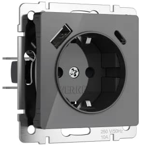 Розетка электрическая Werkel со шторками с зарядным устройством USB-A+C (Графит акрил)