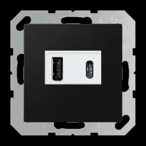 Зарядное устройство USB Jung, USB-A + USB-C, 3A, белая панель (Чёрный матовый)