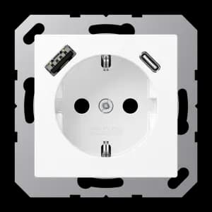 Розетка электрическая Jung со шторками с зарядным устройством USB-A+C (Белый матовый)
