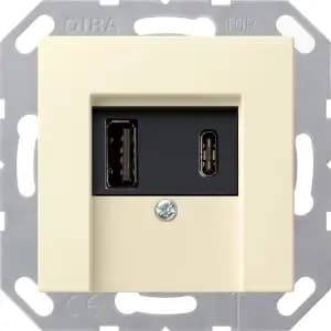 Зарядное устройство USB Gira, USB-A + USB-C, 3A, чёрная панель (Кремовый)