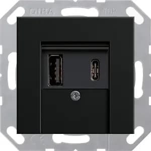 Зарядное устройство USB Gira, USB-A + USB-C, 3A, чёрная панель (Чёрный матовый)
