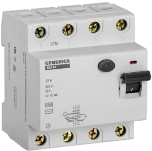 Устройство защитного отключения (УЗО/ВДТ) IEK ВД1-63 GENERICA - 4P - 32A - AC - 30mA