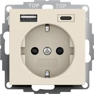 РОЗЕТКА 2К+З СО ШТОРКАМИ И РОЗЕТКА USB ДВОЙНАЯ ТИП A / ТИП C, ГЛЯНЦЕВЫЙ КРЕМОВЫЙ