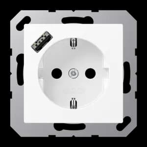 Розетка электрическая Jung со шторками с зарядным устройством USB-A (Белый матовый)