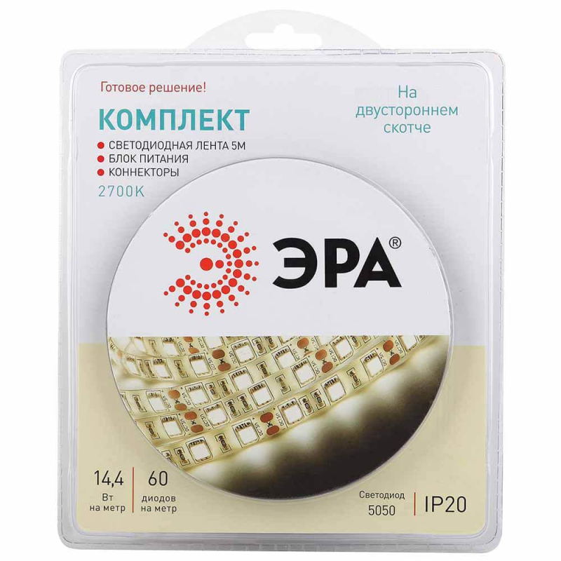 Светодиодная лента ЭРА 14,4W/m 60LED/m 5050SMD теплый белый 5M Светодиодная лента ЭРА 14,4W/m 60LED/m 5050SMD теплый белый 5M