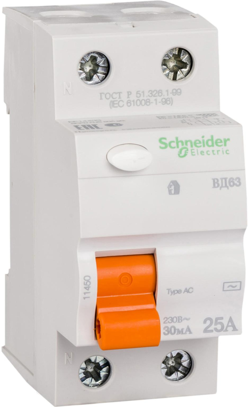УЗО Schnieder Electric ВД63 2П 25A 30MA УЗО Schnieder Electric ВД63 2П 25A 30MA
